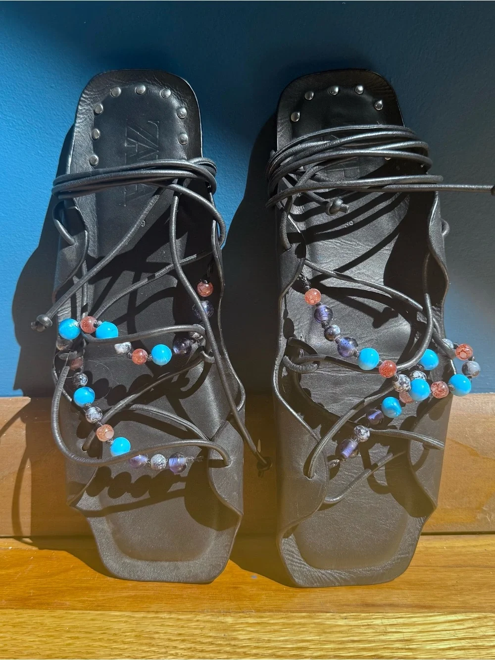 Size 8.5 / 9 Zara Black Leather Beaded Lace-Up Sandals with Turquoise Accents